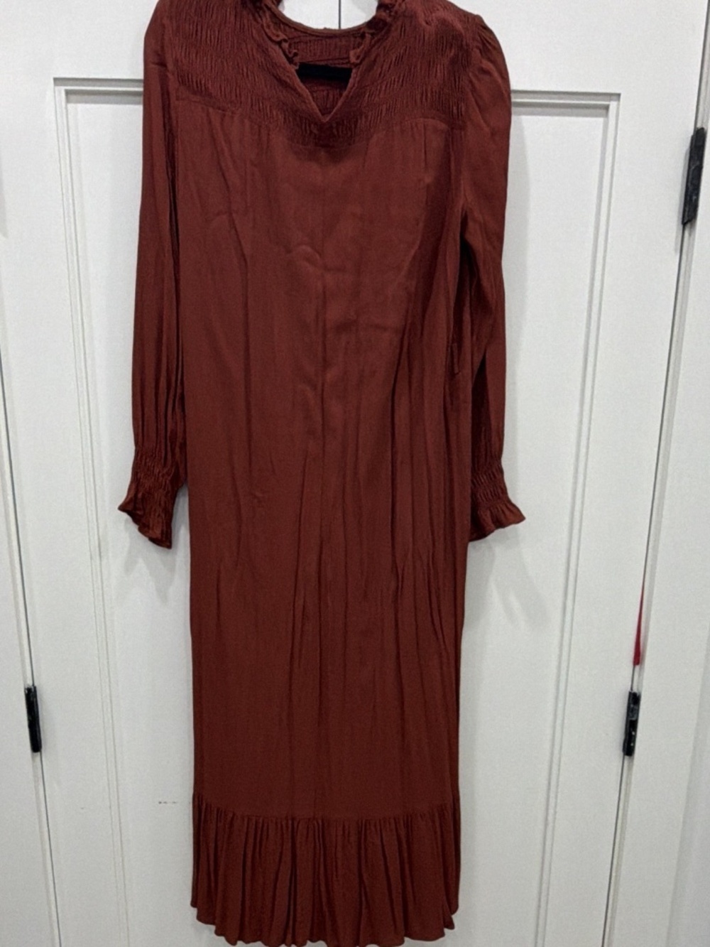 ZARA Women's Midi Dress M Brown Puff Sleeve Ruffle Smocked V-Neck Viscose